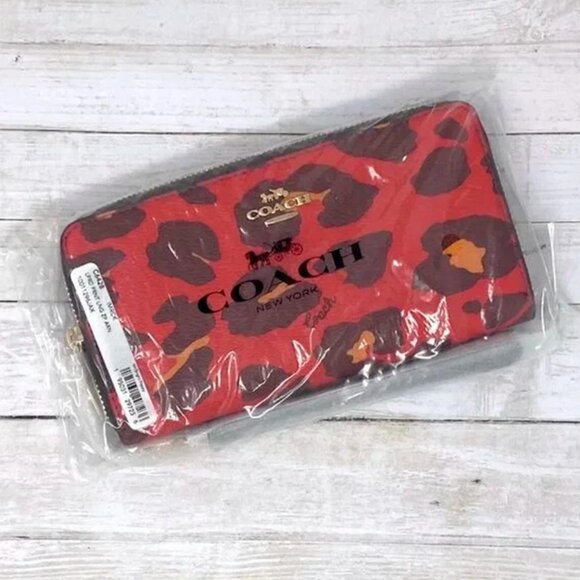 S Coach Long Zip-Around Wallet Red Leopard Wristlet Cheetah C6428 Leopardo - Picture 7 of 10